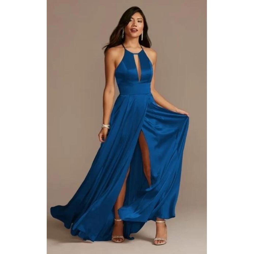 Galina Signature GS290063 GEM Teal Blue Satin Halter Gown Dress Womens 10